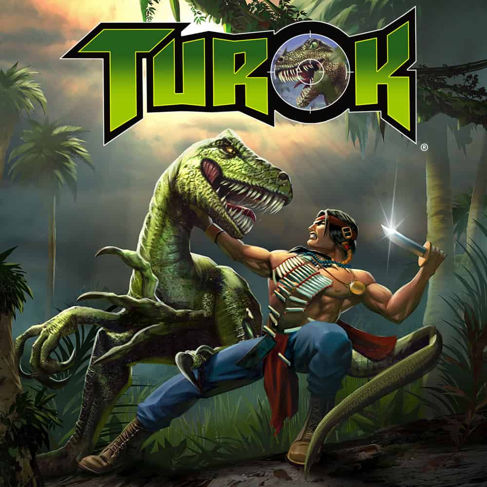 T.urk jeu de combat de dinosaures et héros dans la jungle avec illustration dynamique et visuellement intense.
