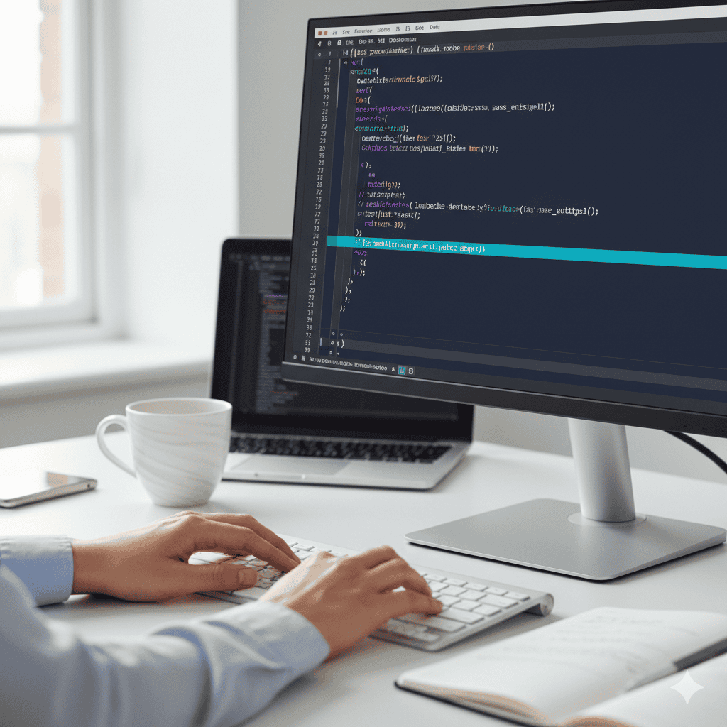 HTML blockquote tag code displayed on modern laptop screen with web developer hands typing semantic markup for quoted content