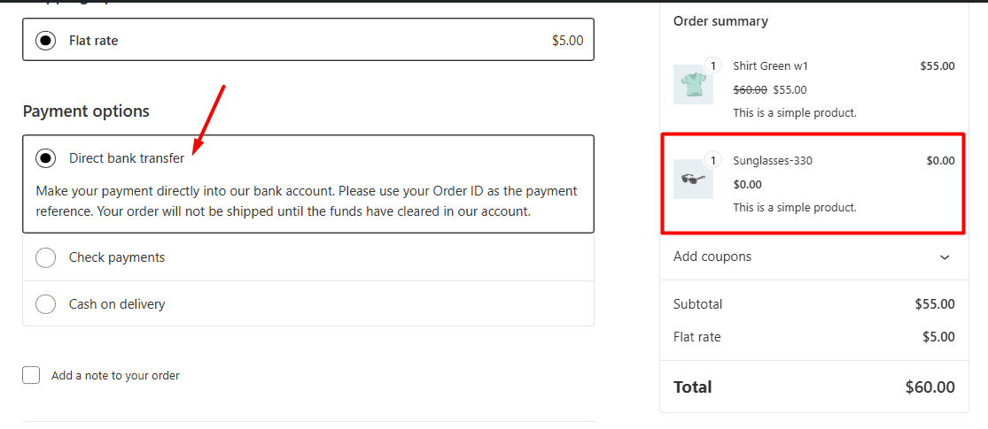 Result of free gift in checkout page