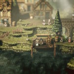 Village médiéval en pixel art, ambiance chaleureuse, nature verdoyante et personnages en dialogue, illustration de jeu vidéo de style rétro pour fans d'aventure et de fantasy.