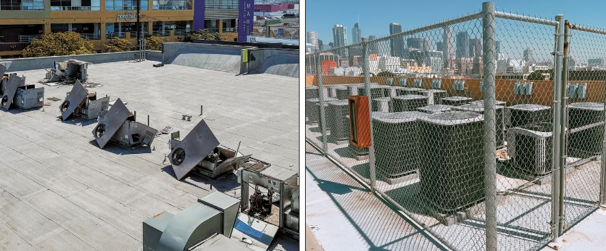 Damaged commercial air conditioning units and barbed wire installed on a rooftop to prevent copper theft in L.A.’s Fashion District.