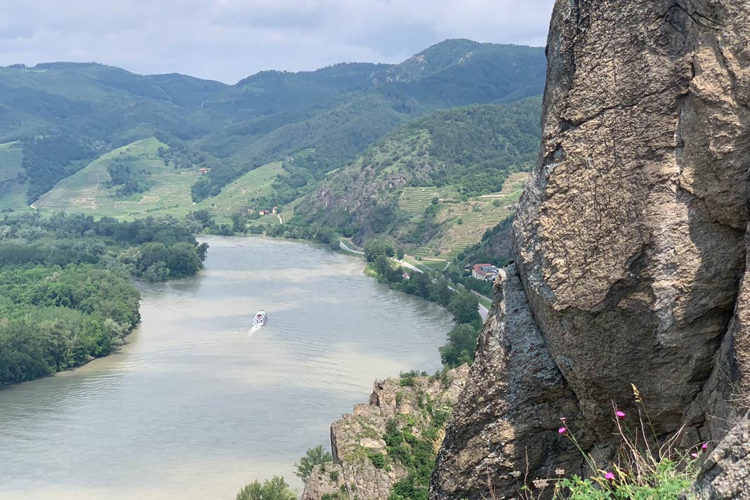 Der Blick von einer Erhebung auf die Donau, auf der gerade ein Ausflugsschiff unterwegs ist