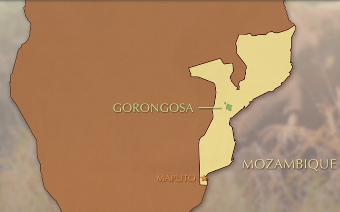 A map of Gorongosa National Park in relation to Maputo in Mozambique