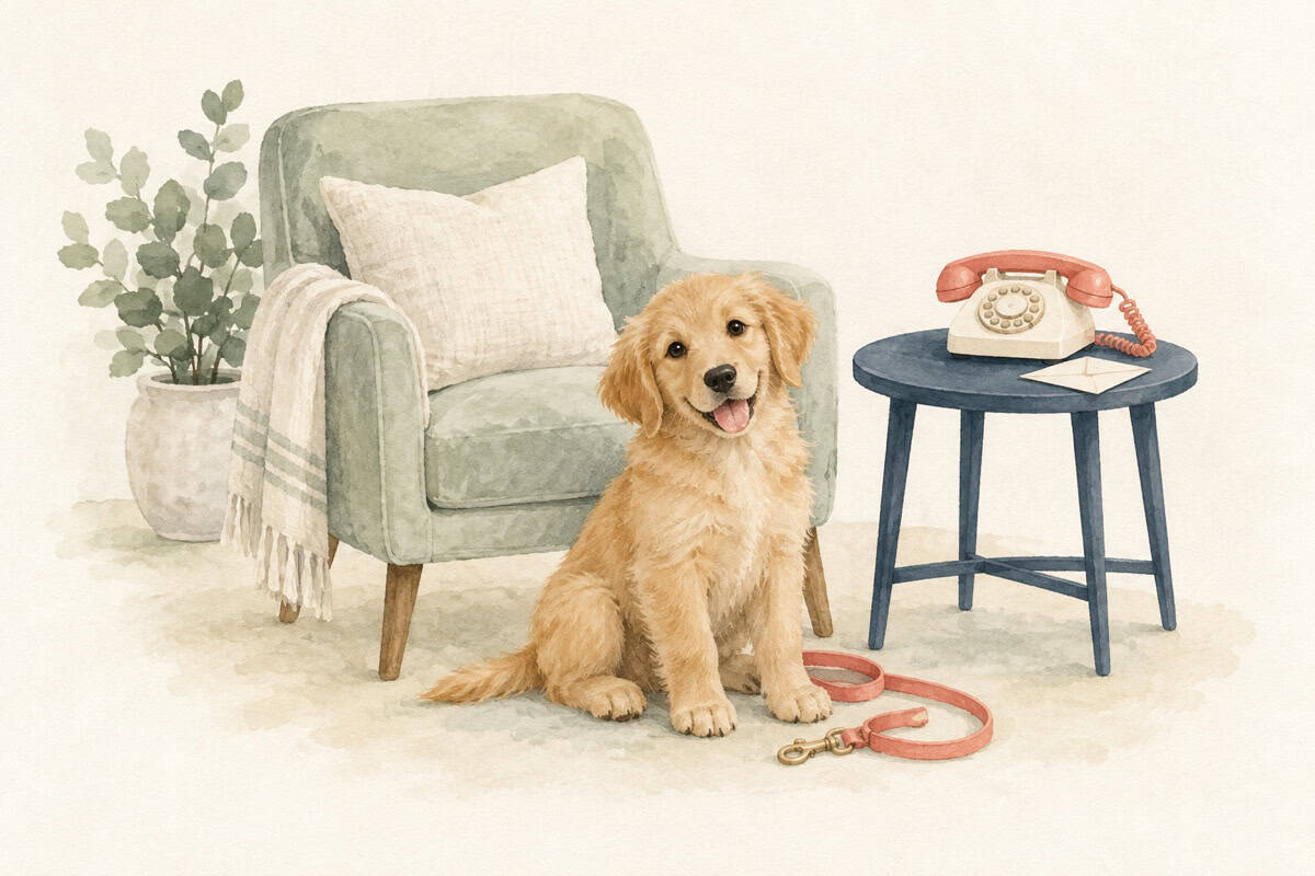 Watercolor puppy beside a sage chair and navy table with a coral telephone and an envelope.