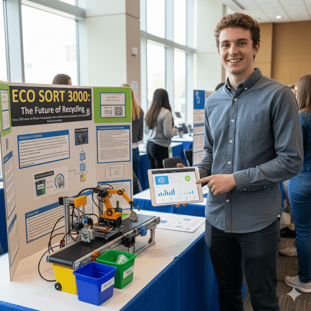 Student demonstrating combined IoT and robotics smart recycling project showing practical application of both technologies together