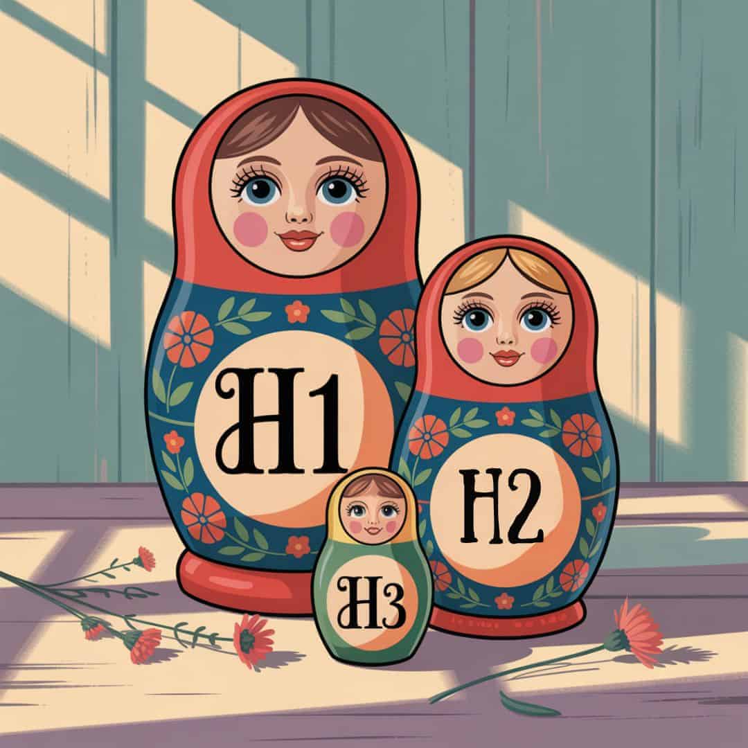 Blog Post Structure: How to Use Headings and Subheadings for SEO and Readability 2 Russian nesting dolls, illustrate the concept of blog post structure as headlines that nest inside of each other