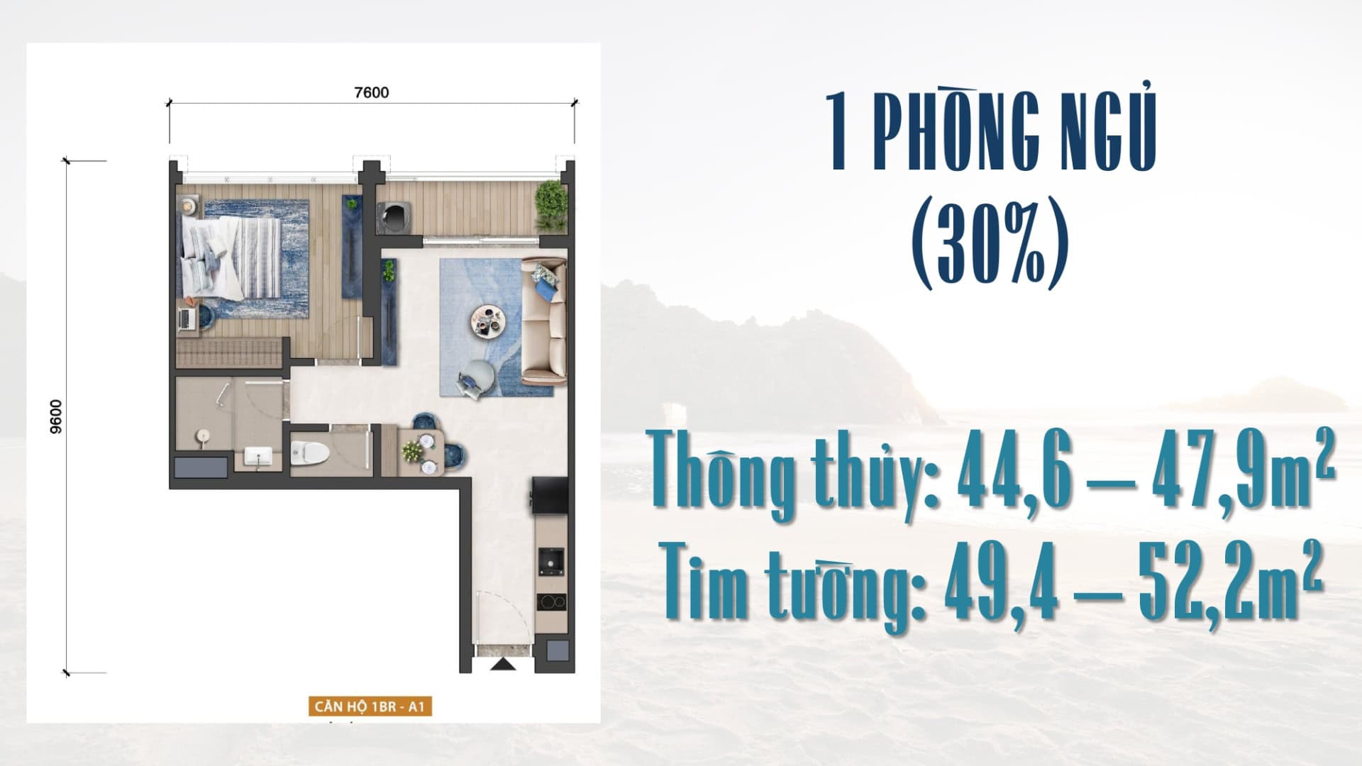 Mặt bằng chi tiết căn hộ 1 phòng ngủ tại tòa B1-B2-B3 Blanca City.