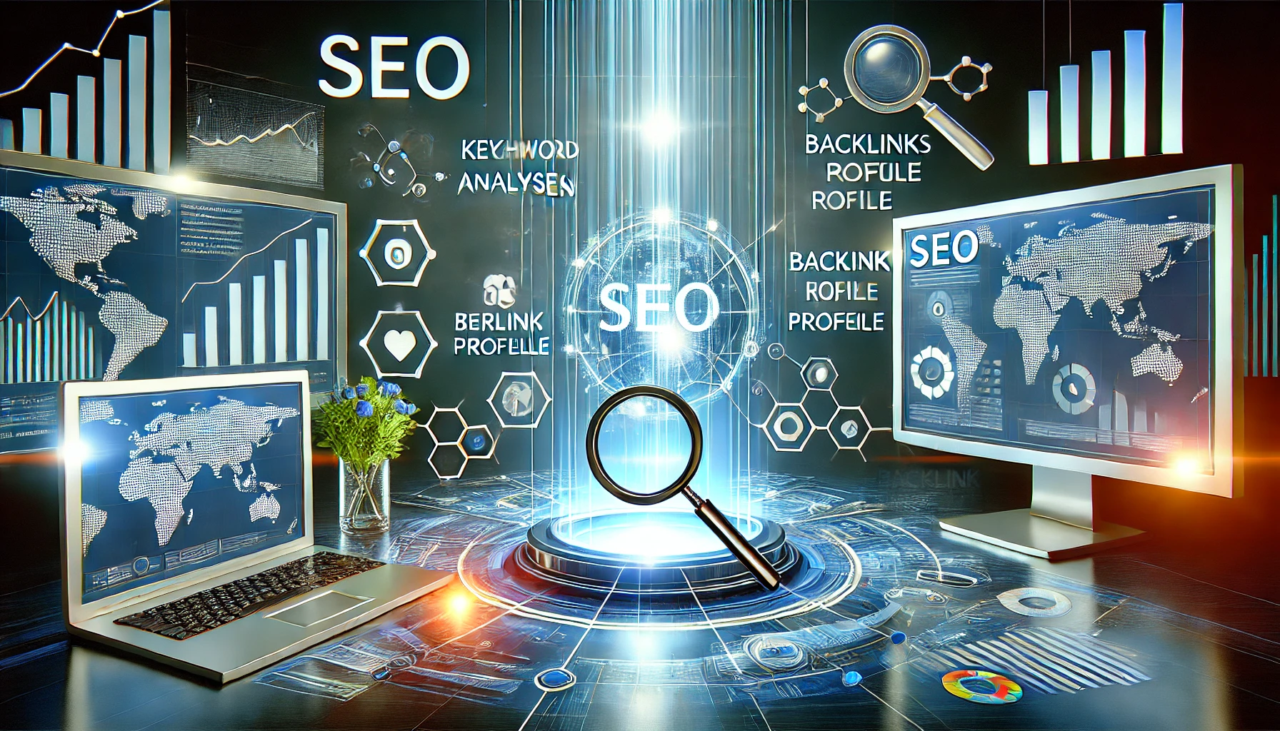 DALL·E 2025-01-29 12.18.48 - Ein modernes, professionelles Bild, das eine SEO-Strategie darstellt. Ein digitales Dashboard zeigt Keyword-Analysen, Ranking-Verläufe, Backlink-Profi