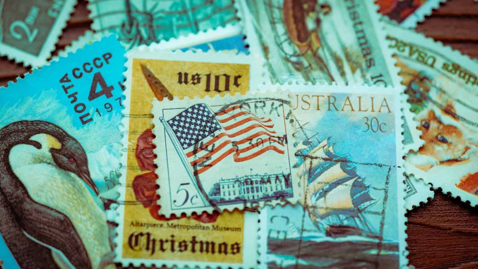 A collection of various postage stamps from different countries.