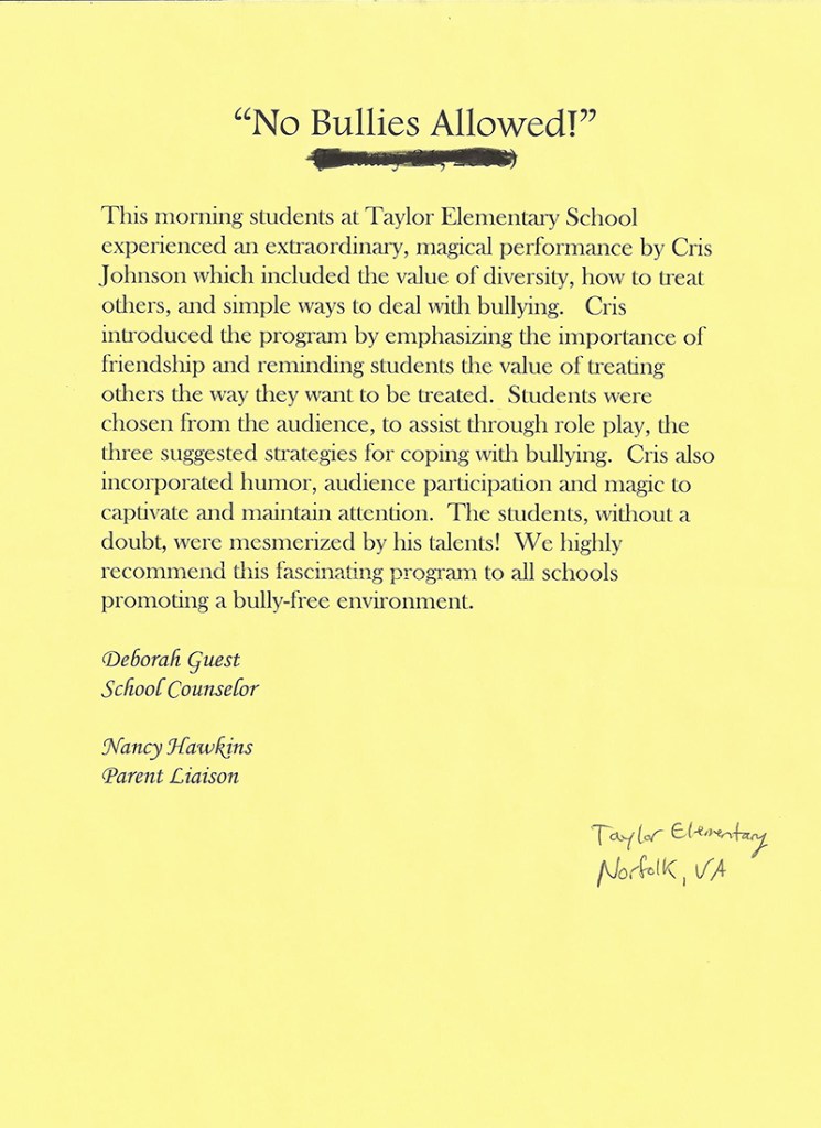 testimonial letter for primary elementary and middle school assembly performer Cris Johnson