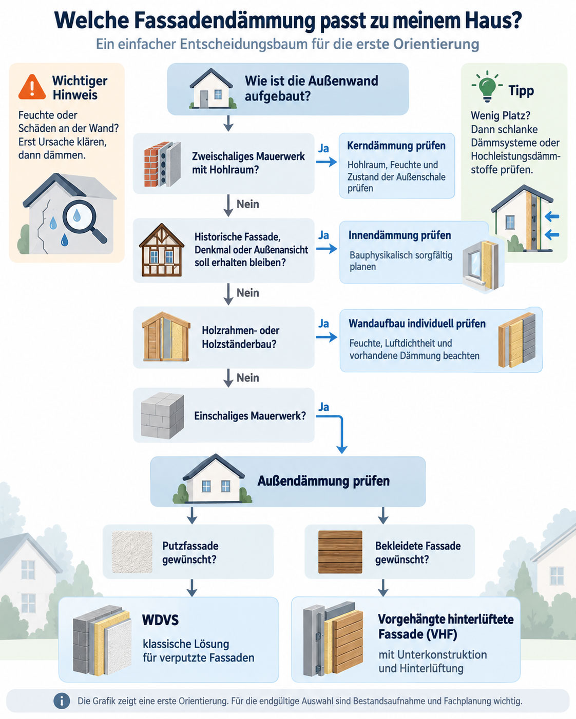 Entscheidungsbaum zur Fassadendämmung mit Kerndämmung, Innendämmung, WDVS und vorgehängter hinterlüfteter Fassade.