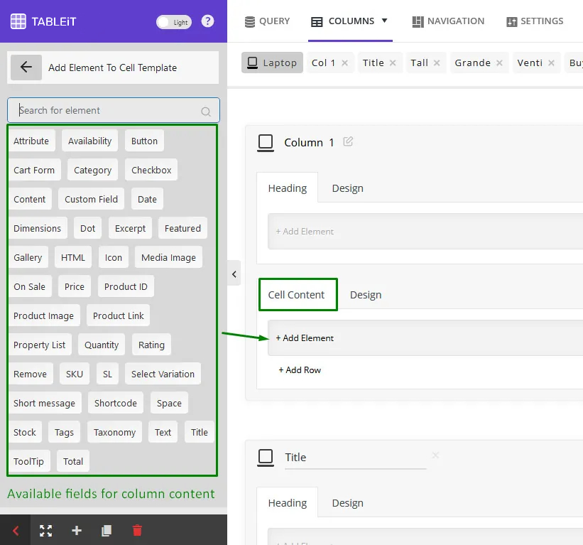 Customizable data and columns display