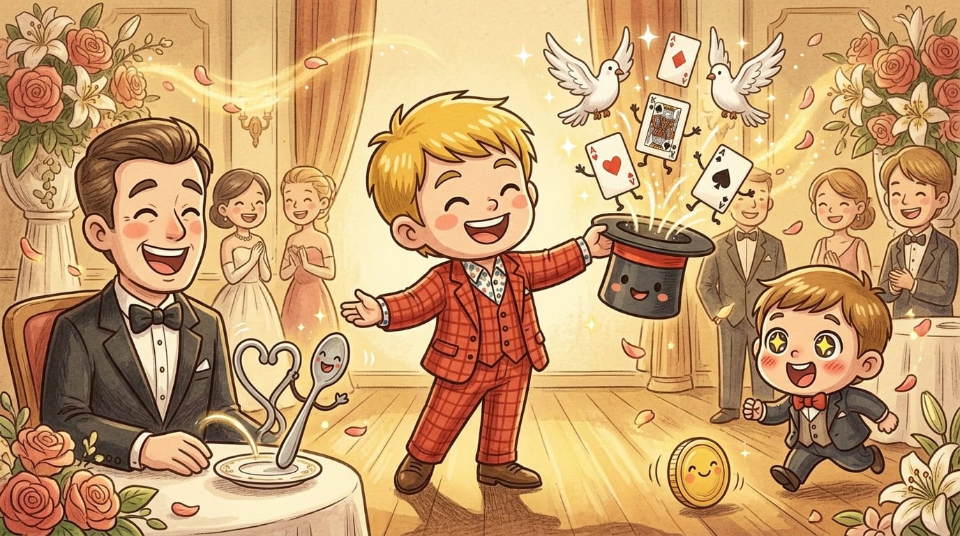 結婚式マジックが最高に幸せ!プロ18年目が語るレギュラーの3つの価値 3 結婚式場の待合スペースでゲストの緊張を笑顔に変えるテーブルマジックのチビキャラ風イラスト