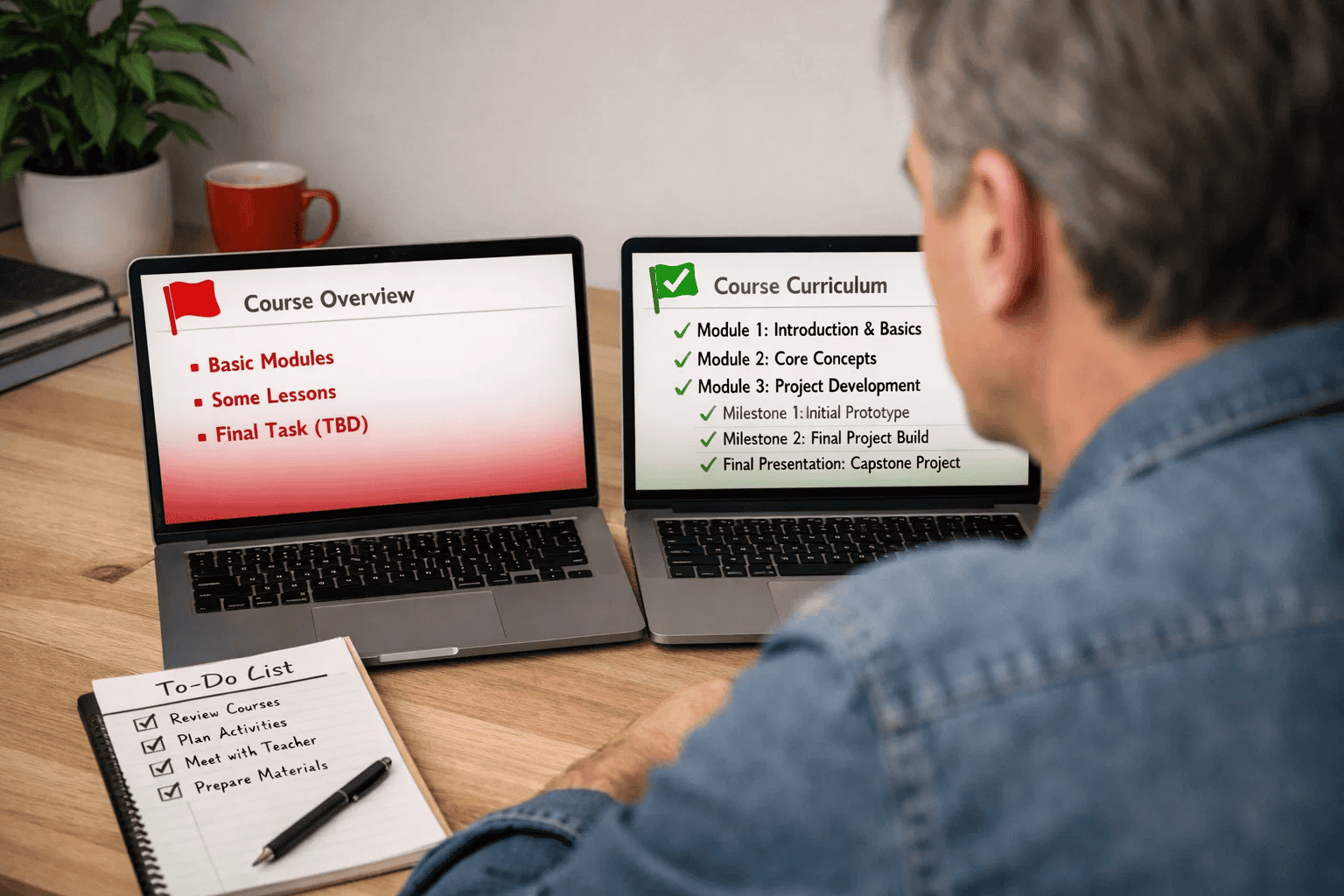 Parent reviewing two laptops showing coding course comparison, one vague with red flags and one detailed with green milestones.