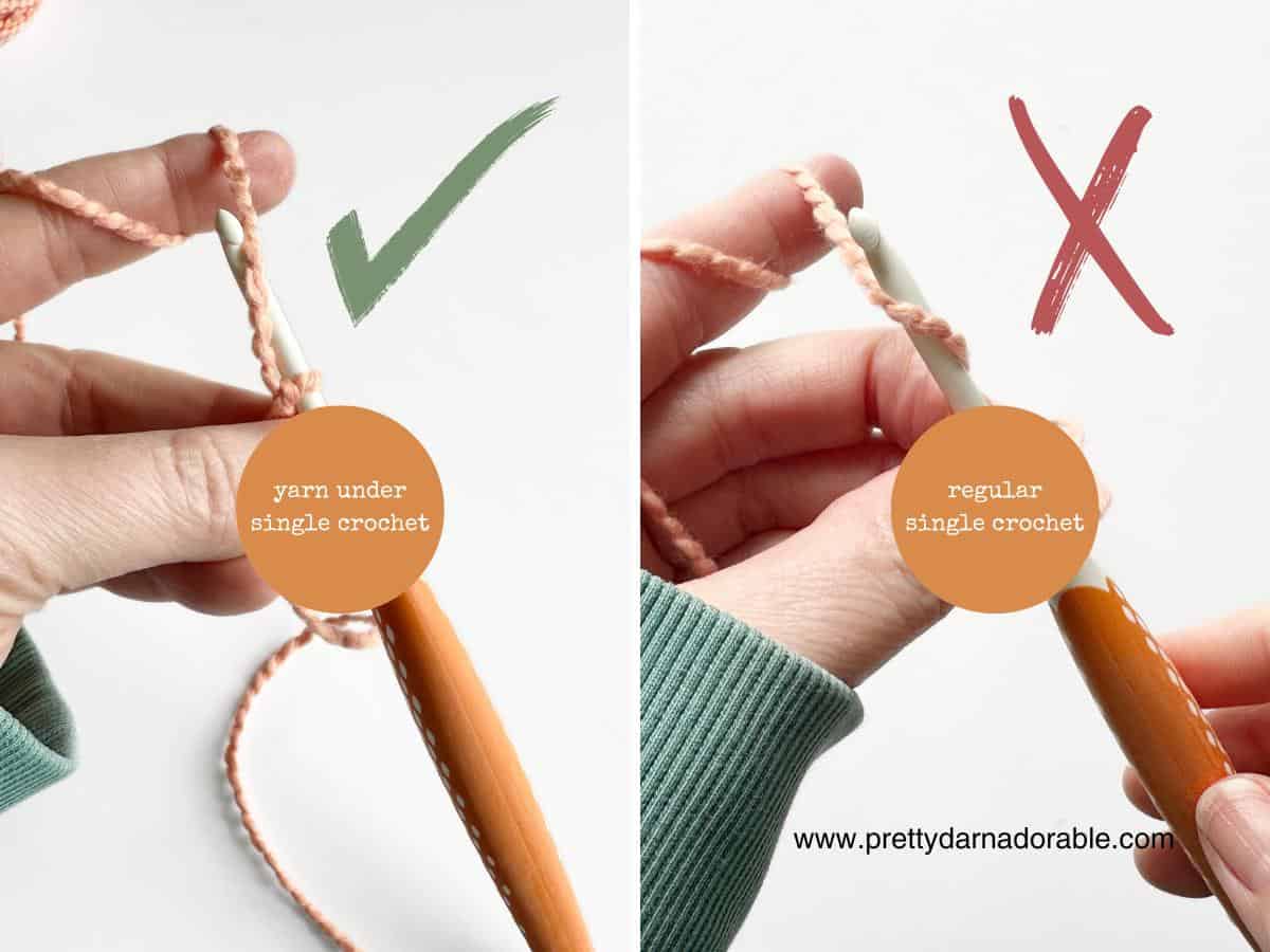 demo photo of how to do yarn under single crochet