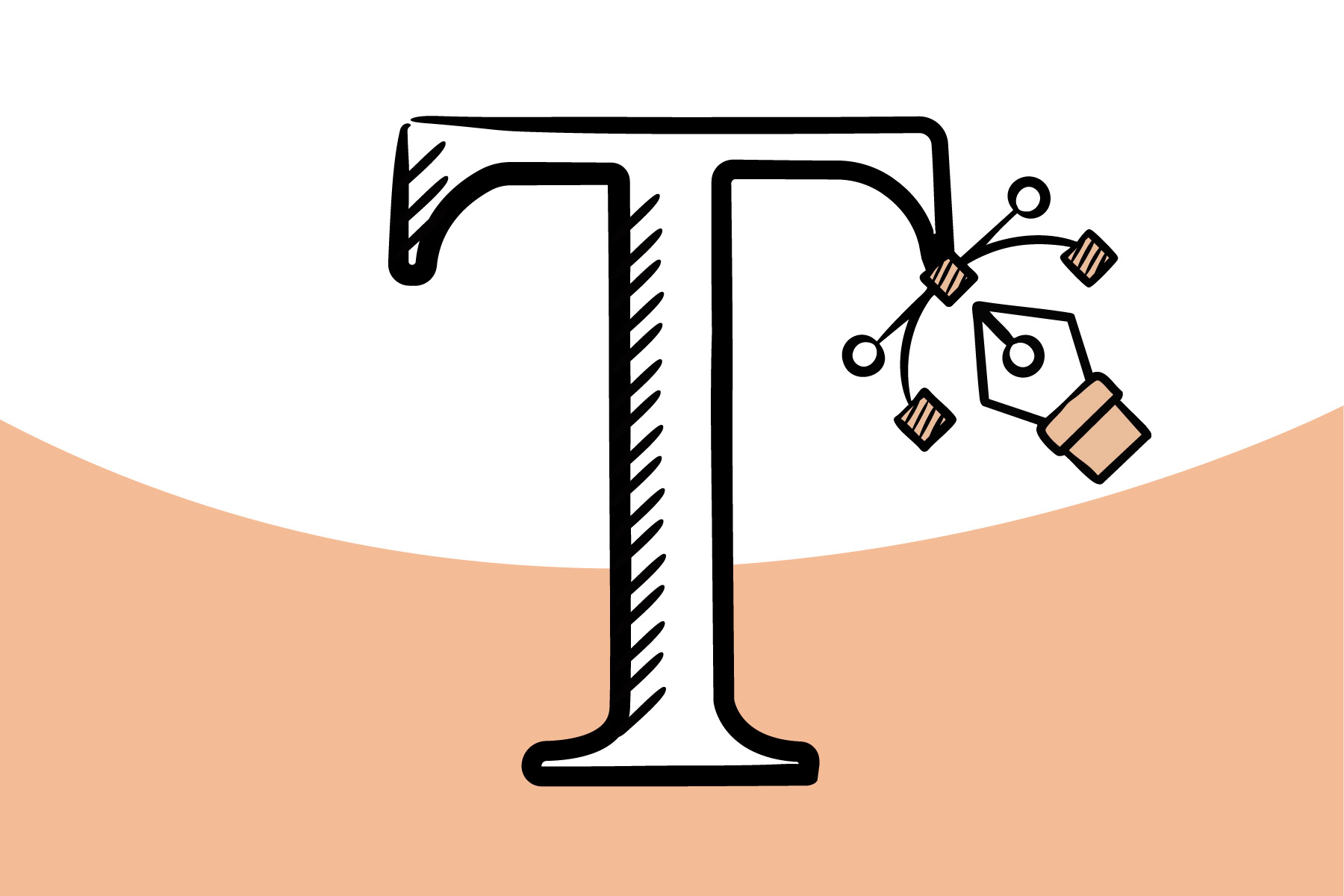 Eine Illustration des Buchstabens „T“, der mit einem digitalen Pfad-Werkzeug grafisch bearbeitet wird.