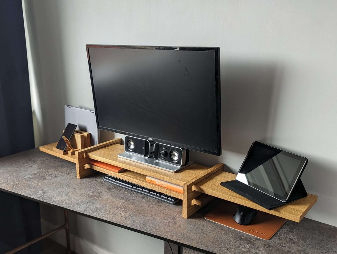 Our truly unique take on an adjustable monitor riser/stand comprising of solid Oak throughout.