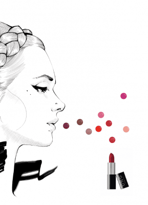 Illustratie van een vrouw met lippenstiftkleuren en lipstick.