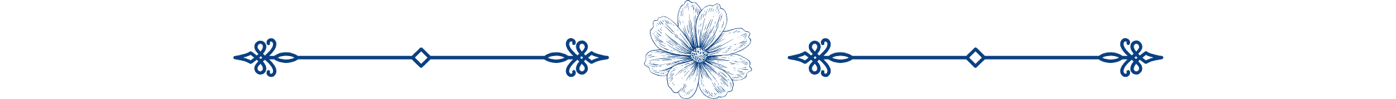 Blue decorative horizontal divider featuring a faux flower swag on a vintage frame at the center, with symmetrical ornate line patterns gracefully extending outward on both sides.