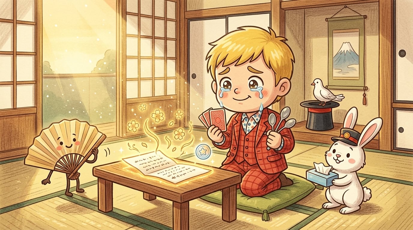 志の輔師匠の手紙に震えた!越中座終了とデジタルデトックスで気づいた3つのこと 2 志の輔師匠からの手紙を読んで涙ぐむマジシャンのチビキャラ風イラスト