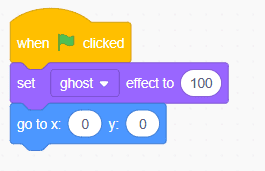 Scratch code setting a spriteโs ghost effect to 100 and moving it to the center when the green flag is clicked