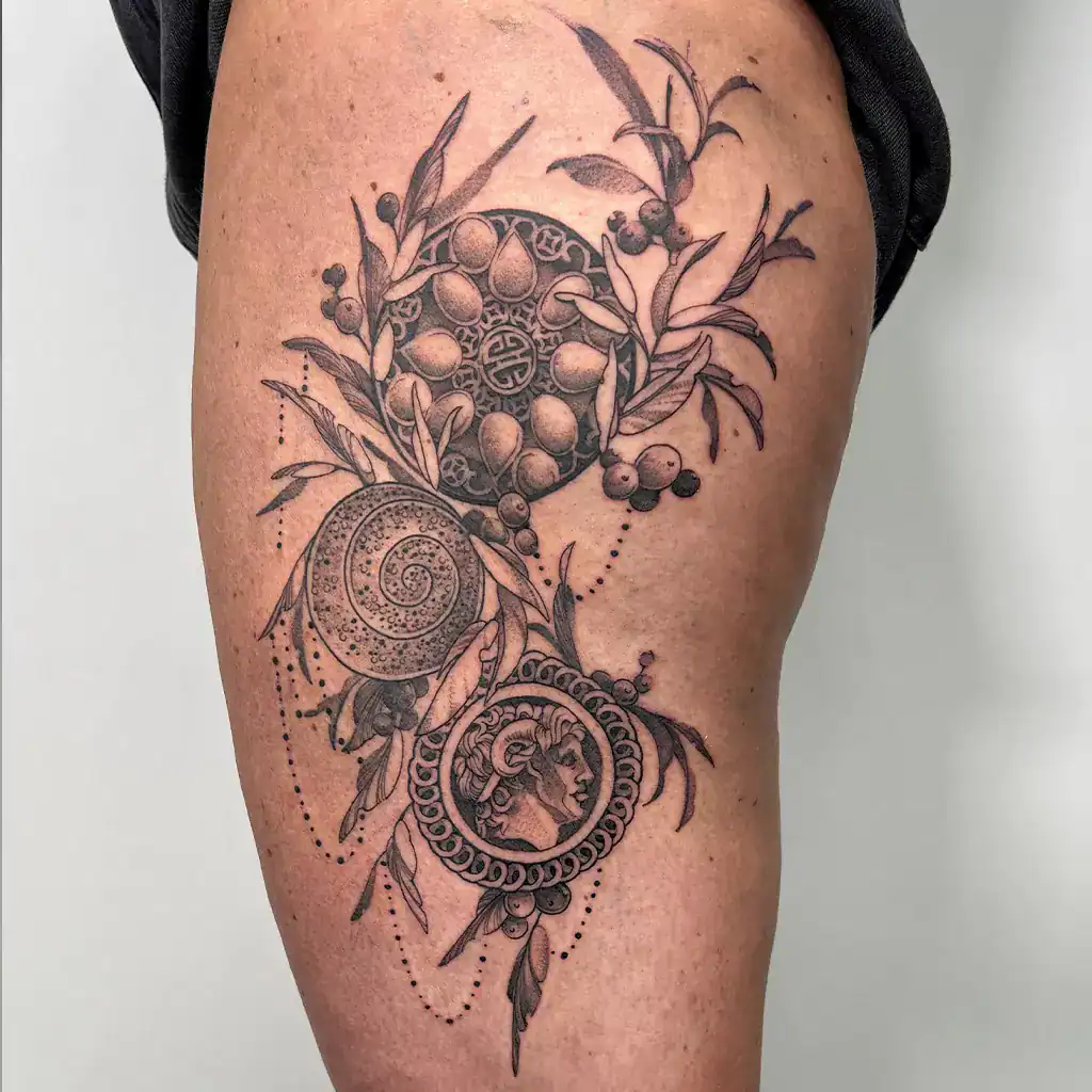 Fineline Tattoo von 3 Medaillons mit floralen Elementen