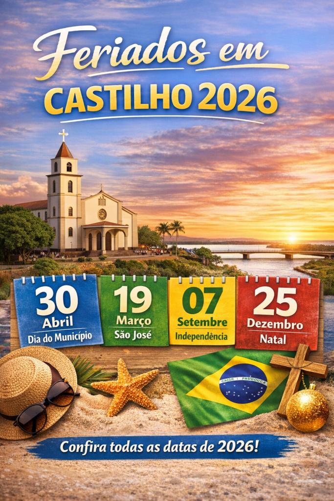 Imagem ilustrativa dos feriados em Castilho 2026, com destaque para datas municipais, nacionais e calendário anual da cidade.