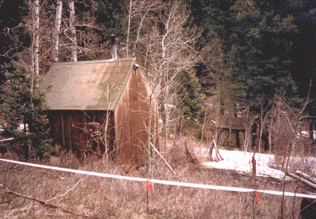 FBI photograph of the cabin and surrounding search perimeter.