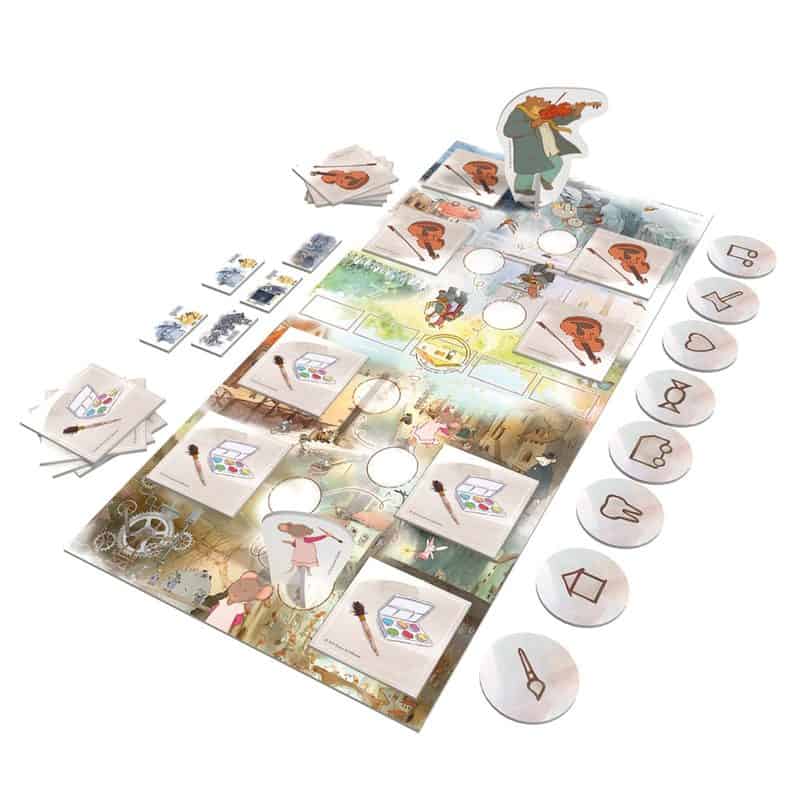 Des papiers, jetons de personnages et figurines représentant des enfants avec des accessoires de peinture et de dessin, pour un jeu de société éducatif ou artistique.