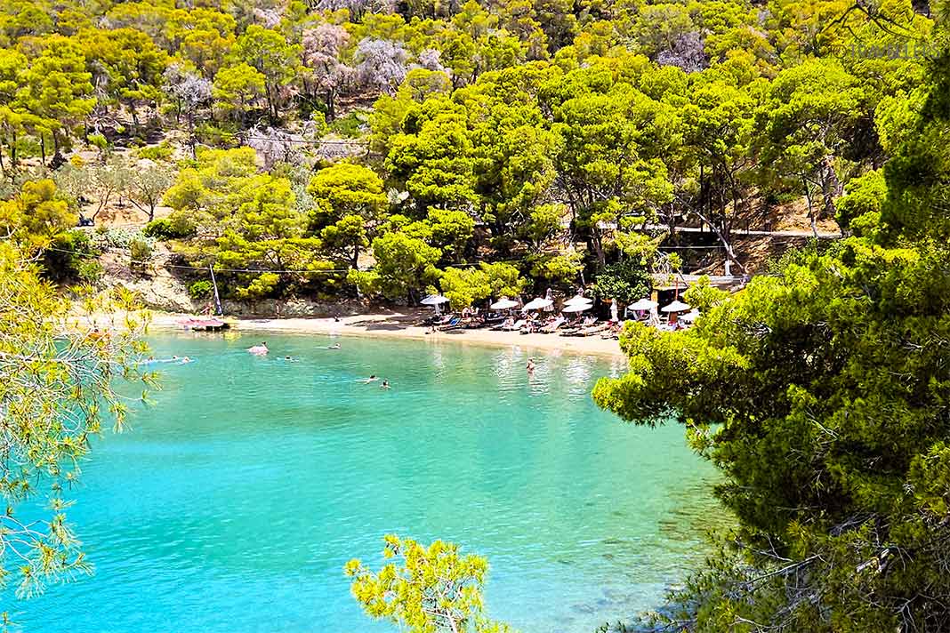 Die kleine Sandbucht Love Bay ist umgeben von türkisem Wasser und grünen Pinien