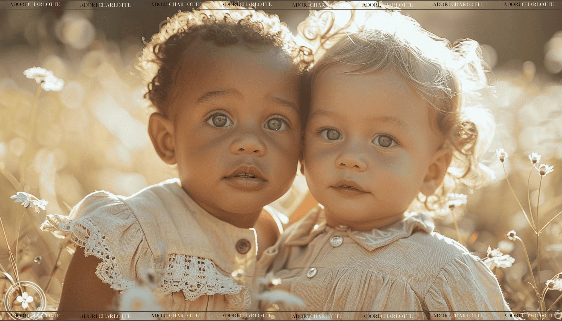 Two adorable mixed race druid toddlers in a field of flowers