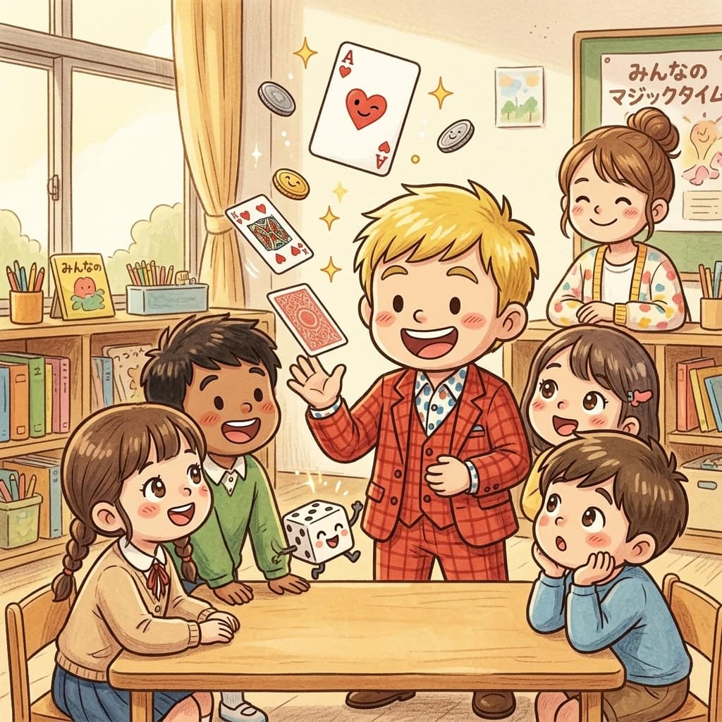 こどもみらい館ボランティア養成講習会で講師を務めます!「コミュニケーション・マジック」実践講座【5/24開催・参加無料】 2 学童保育でキラキラした目の子どもたちに囲まれてマジックを披露するマジシャンコンプレッサーのイラスト