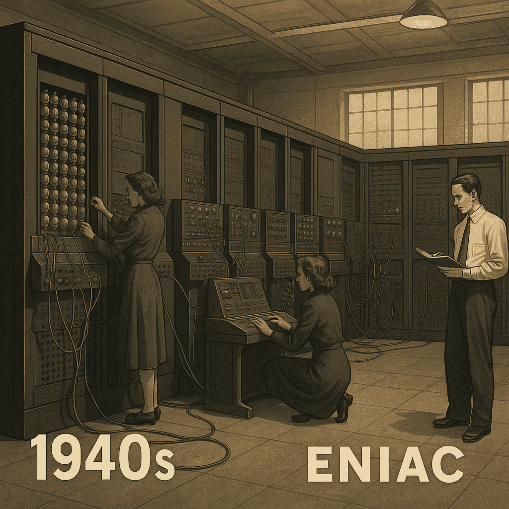 AI-generated illustration of technicians working on the massive ENIAC computer in the 1940s.