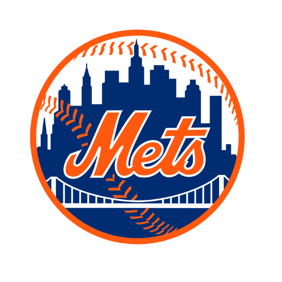 New York Mets logo featuring a baseball with a city skyline, bridge, and the word "Mets" in script across the center.