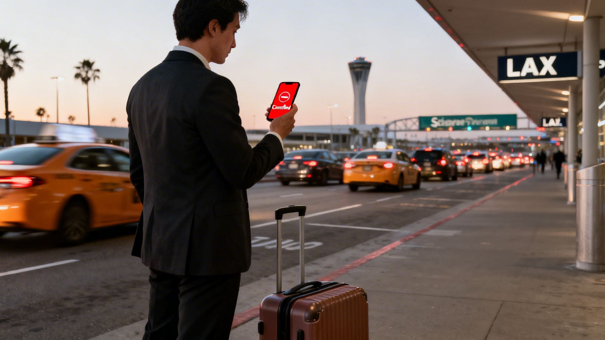 The 3 Executive Travel Mistakes That Create Airport Chaos (And How to Fix Them) 1 A man in a suit at LAX airport checks his phone showing a 'Cancelled' message, with traffic and a suitcase.