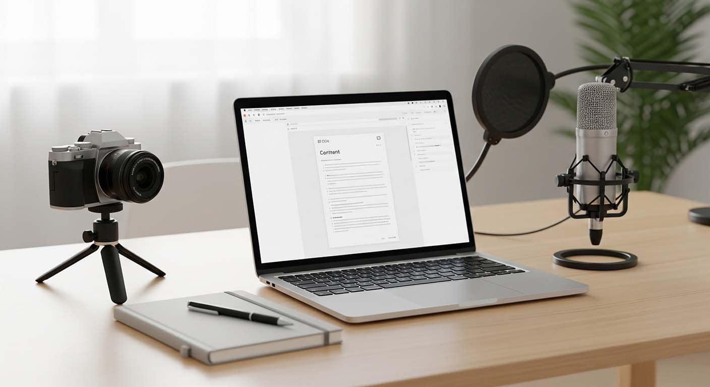 ready to transform your content into a growth engine Podcast setup with laptop, camera, and microphone.