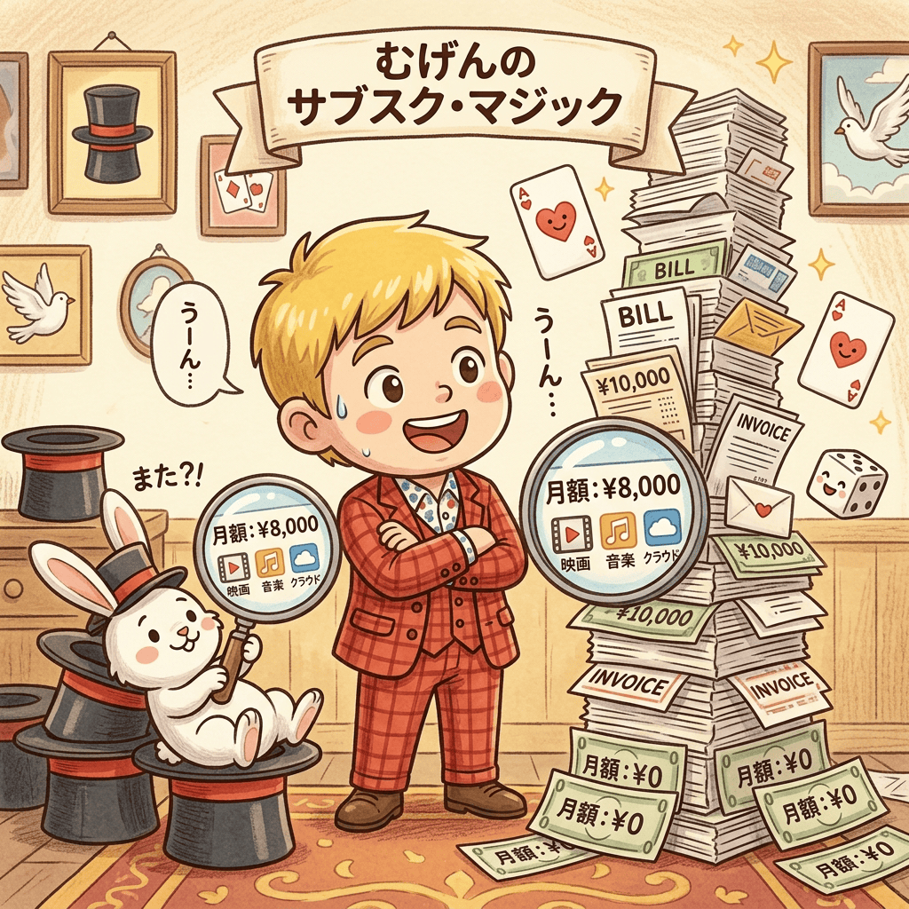 Adobe解約を決断!無料Affinityに乗り換えた3つの驚く理由【2026年版】 2 Adobe Creative Cloud月額8,000円のサブスク料金に悩むマジシャン。請求書の山と擬人化したお財布のチビキャラ風イラスト