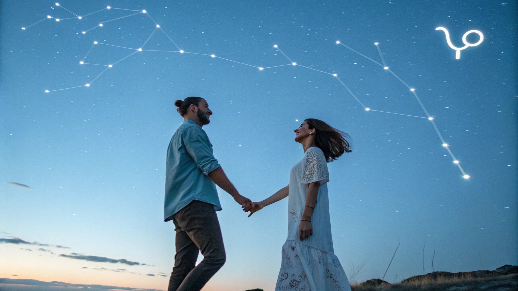 मकर राशि के नीचे हाथ पकड़े युगल, 19 जनवरी राशि चक्र के लक्षणों को दर्शाते हैं।