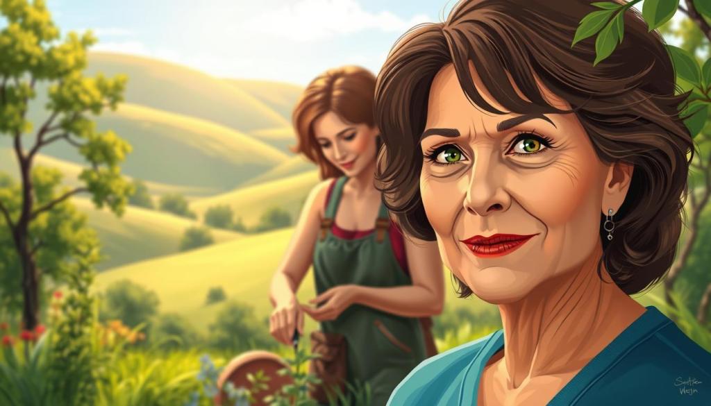 A photorealistic portrait of Victoria Principal, the renowned Dallas star, captured in an outdoor setting that reflects her passion for environmental and animal welfare causes. The foreground features Principal herself, her expression serene and determined as she stands amidst a lush, verdant landscape. The middle ground showcases her engaged in an activity related to her conservation efforts, such as tending to a garden or interacting with rescued wildlife. The background gently fades into a scenic vista of rolling hills, a clear blue sky, and sunlight filtering through the trees, creating a warm, tranquil atmosphere. Soft, diffused lighting illuminates Principal's face, highlighting her natural beauty and the sense of purpose in her eyes. The overall composition conveys Principal's unwavering commitment to her environmental mission and her role as a public figure using her platform to inspire positive change. A photorealistic portrait of Victoria Principal, the renowned Dallas star, captured in an outdoor setting that reflects her passion for environmental and animal welfare causes. The foreground features Principal herself, her expression serene and determined as she stands amidst a lush, verdant landscape. The middle ground showcases her engaged in an activity related to her conservation efforts, such as tending to a garden or interacting with rescued wildlife. The background gently fades into a scenic vista of rolling hills, a clear blue sky, and sunlight filtering through the trees, creating a warm, tranquil atmosphere. Soft, diffused lighting illuminates Principal's face, highlighting her natural beauty and the sense of purpose in her eyes. The overall composition conveys Principal's unwavering commitment to her environmental mission and her role as a public figure using her platform to inspire positive change.