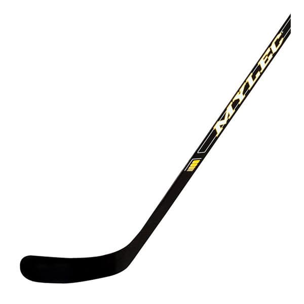 A Mylec MK1 Youth Stick 48" in black with a yellow logo and curved blade, shown on a white background.