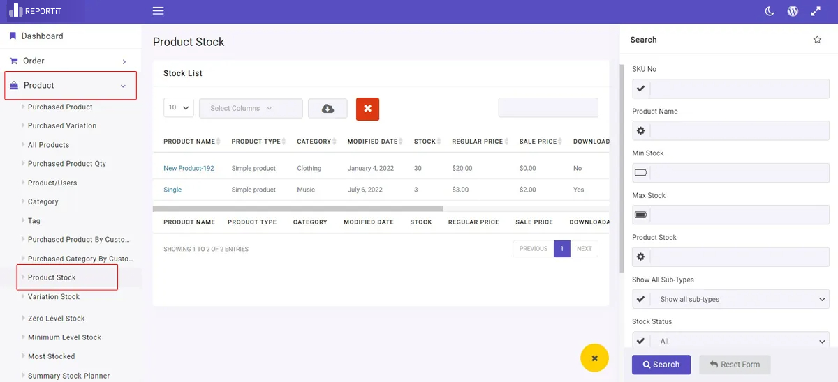 WooCommerce product stock quantity report