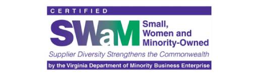 SwAM certified small, women, minority-owned business logo highlighting supplier diversity and Virginia Department of Minority Business Enterprise certification for increased visibility and credibility.