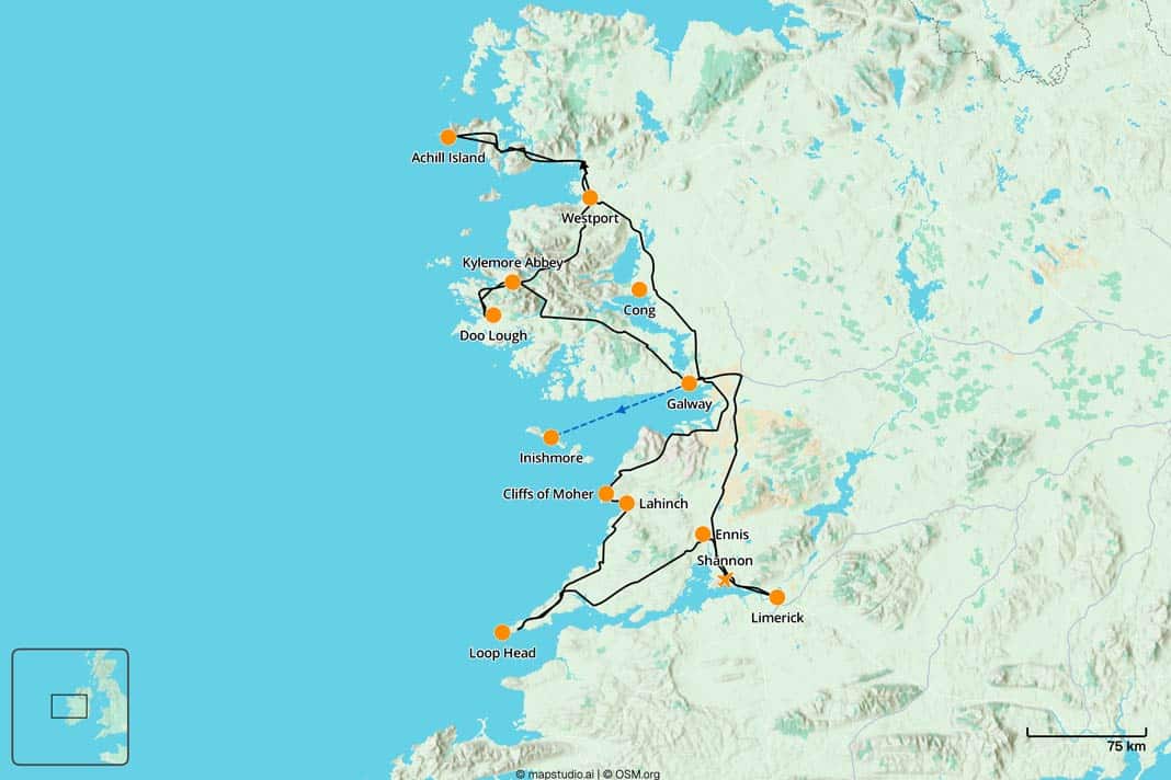 Karte mit unserer Roadtrip-Route durch Irland