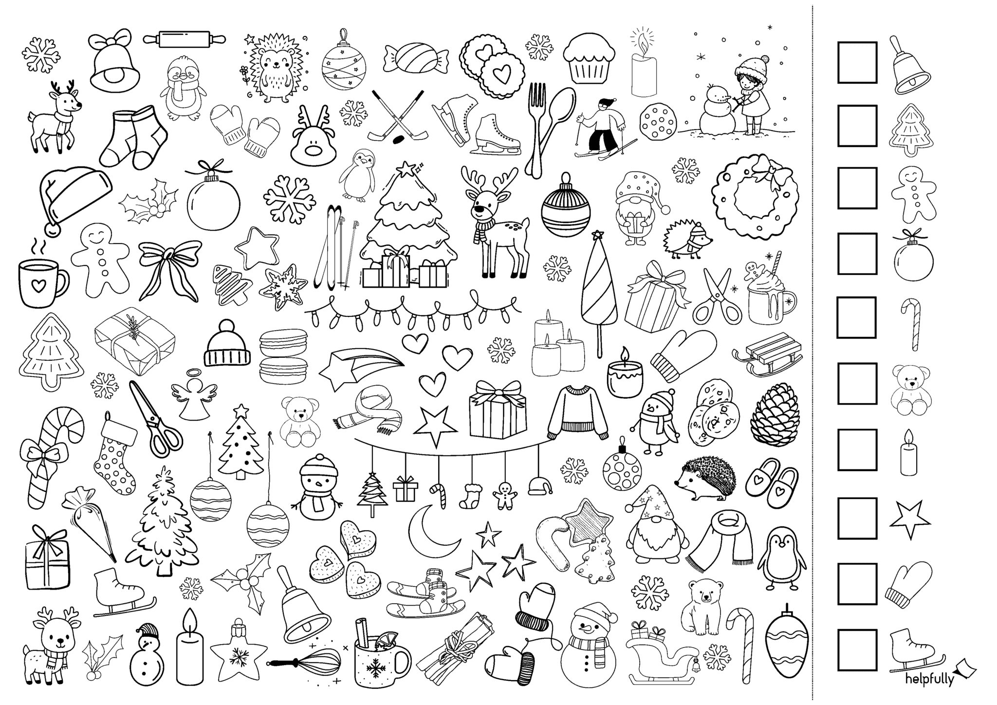eine A4 Vorlage im Querformat mit Suchbildern rund um Winter und Weihachten zum Ausdrucken