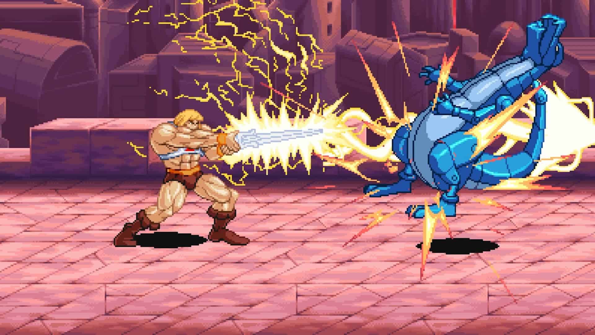 Heman01 Fusil laser contre dragon pixel art, jeu vidéo rétro, combat épique, aventure fantastique, graphique style 16-bit, scène de combat stylisée, arcade gaming, univers de fantasy, bataille entre héros et monstre, action intense, illustration rétro de jeu arcade.
