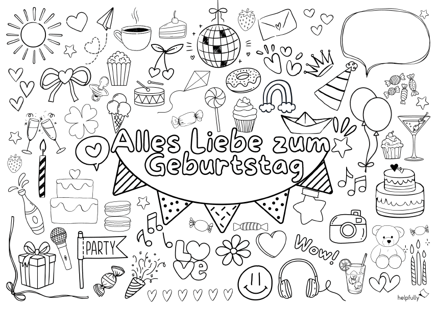Alles Liebe zum Geburtstag - Malvorlage für Erwachsene zum Ausdrucken
