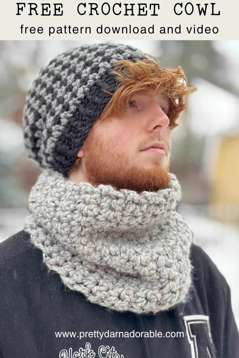 man wearing a super bulky crochet cowl