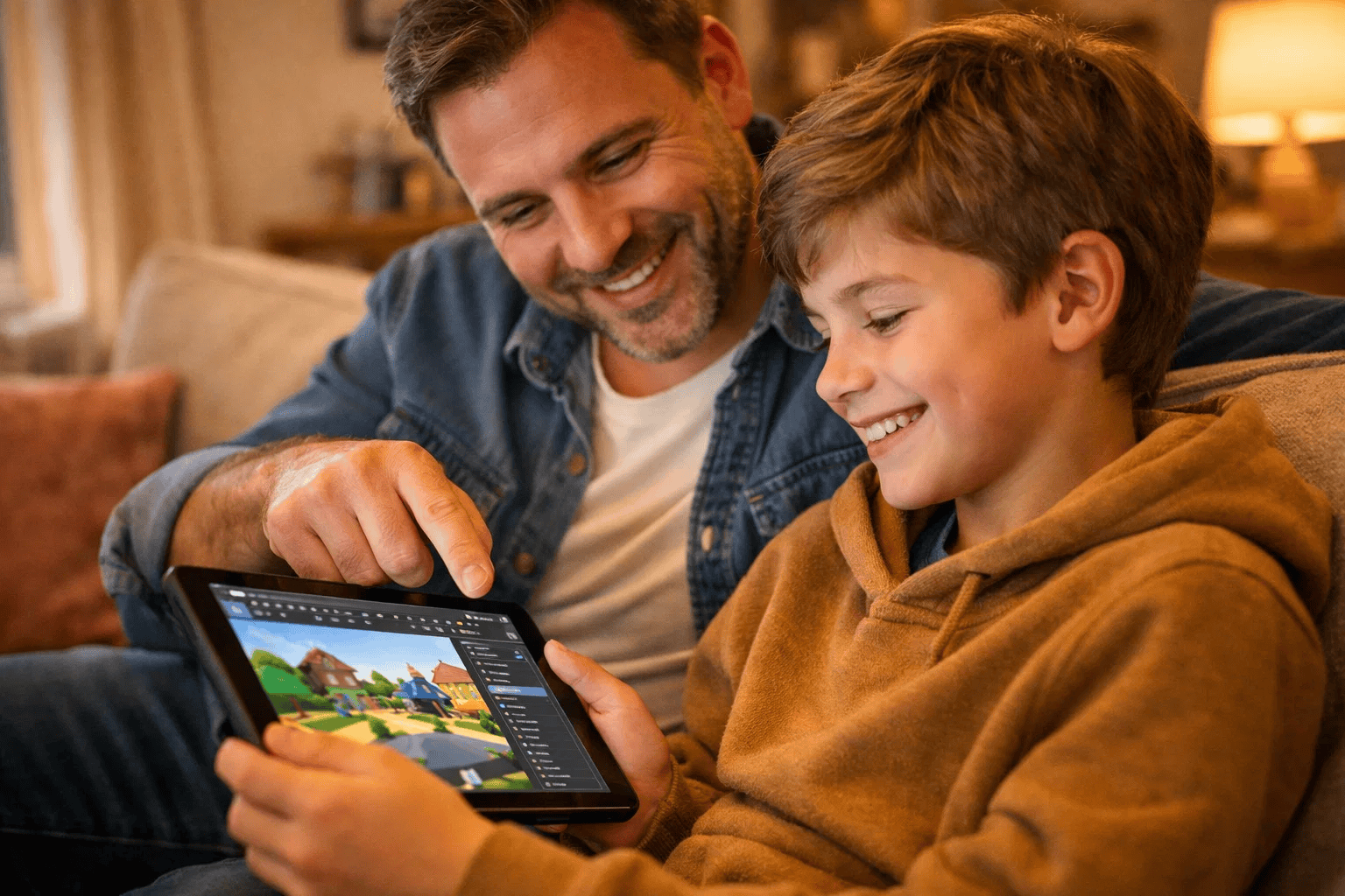 Parent reviewing child's Roblox coding course progress on laptop at home