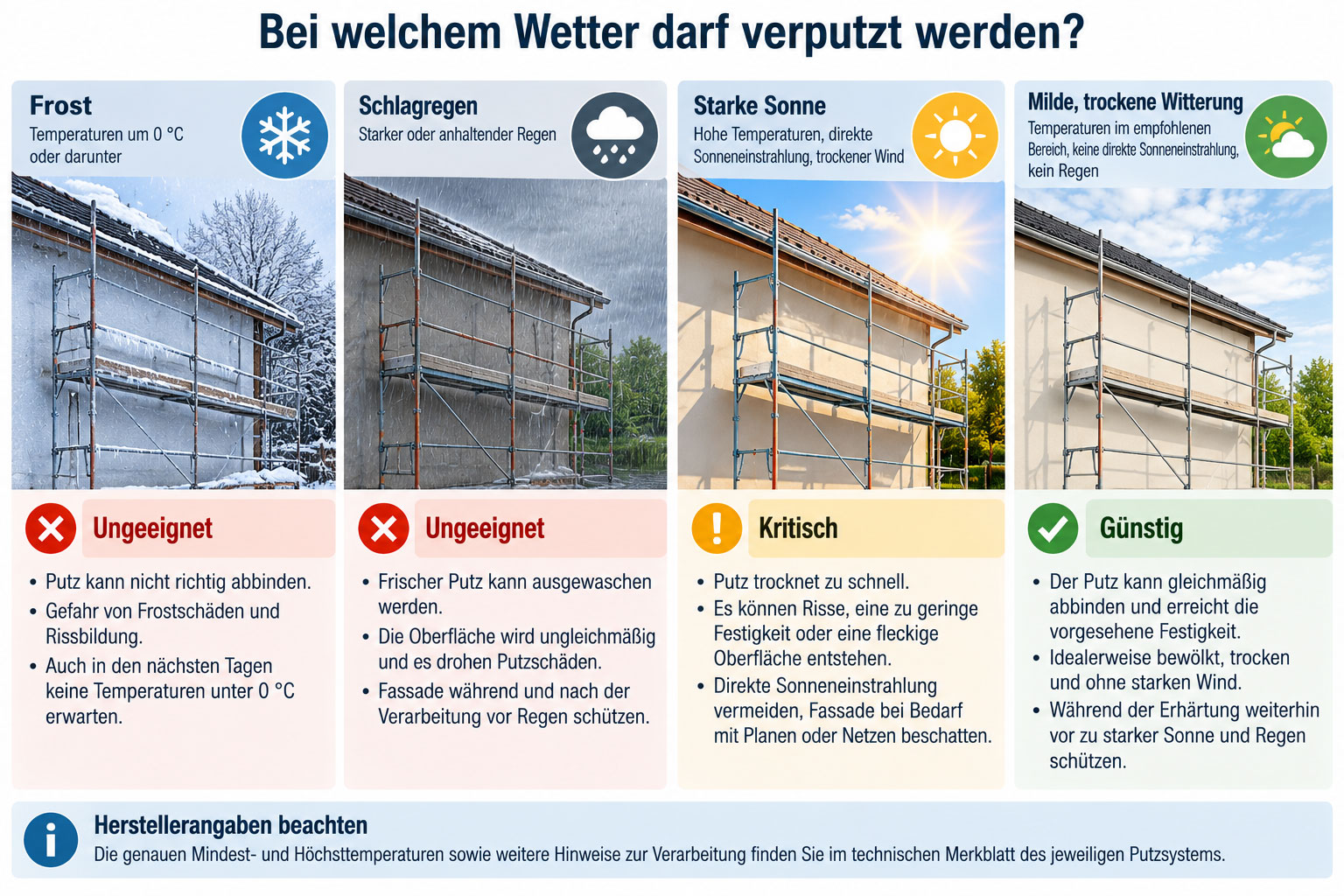 Wettervergleich für Außenputz mit Frost, Schlagregen, starker Sonne und milder trockener Witterung sowie Bewertung der jeweiligen Verarbeitungsbedingungen.