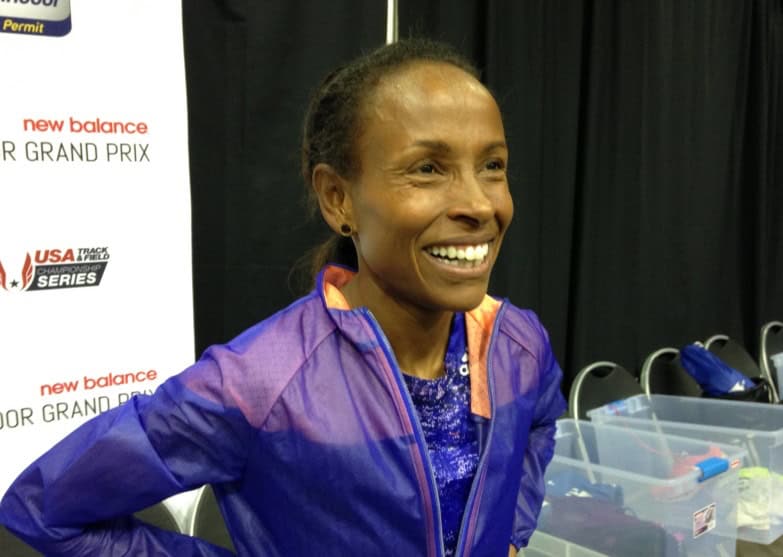 PHOTO: Meseret Defar after winning the 3000m at the 2016 New Balance Indoor Grand Prix in Boston (Photo by Chris Lotsbom for Race Results Weekly)